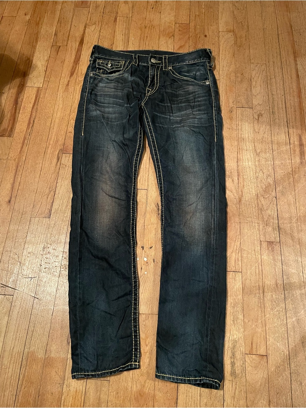 True Religion Dark Blue Straight Leg Jeans with Contrast Stitching